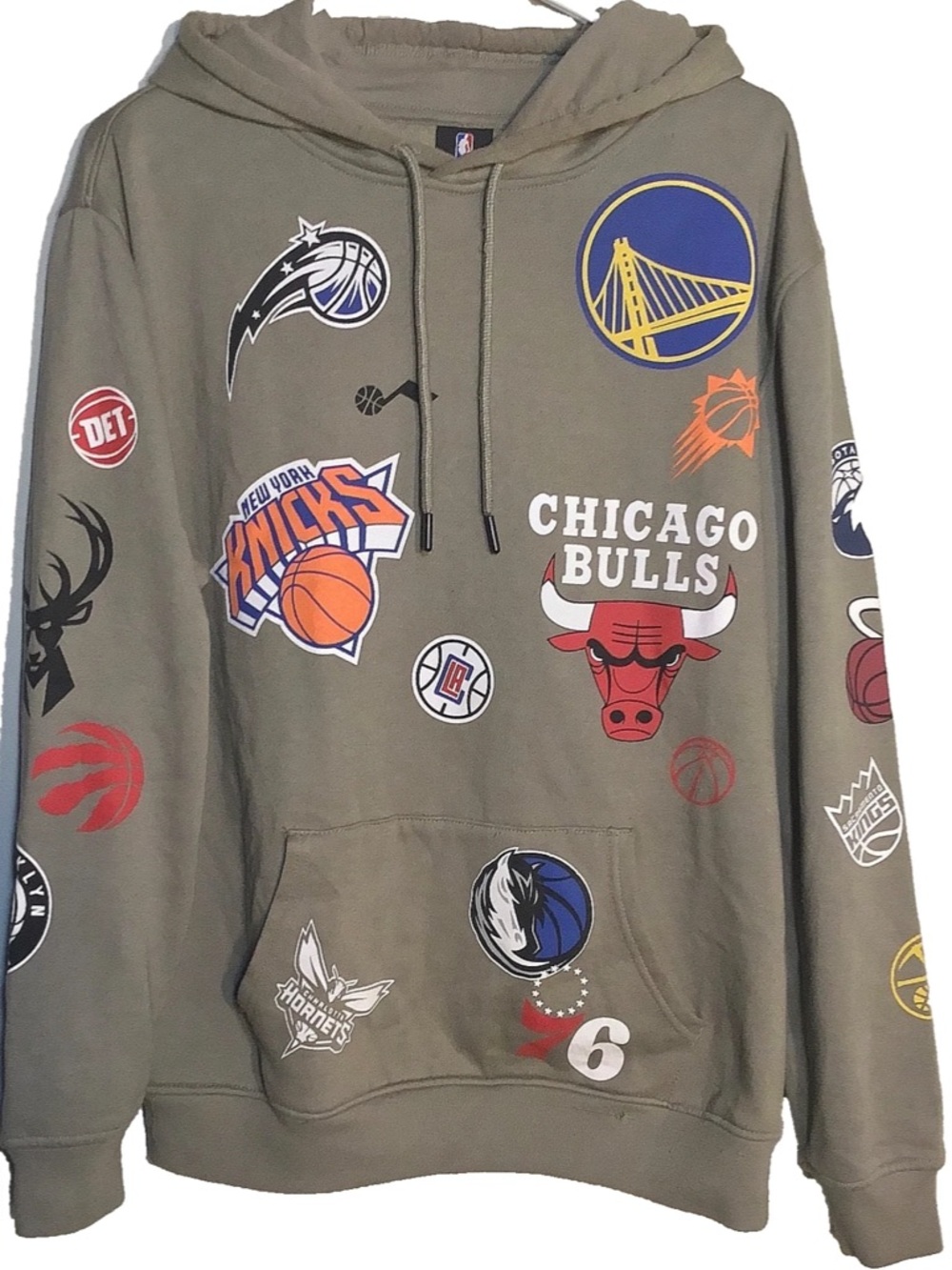 NBA Olive Green Crewneck Hoodie with Multiteam Logo Patches